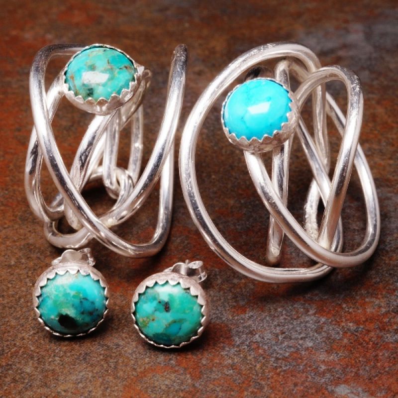 Handmade sterling silver bezel set healing crystal turquoise chaos rings and studs